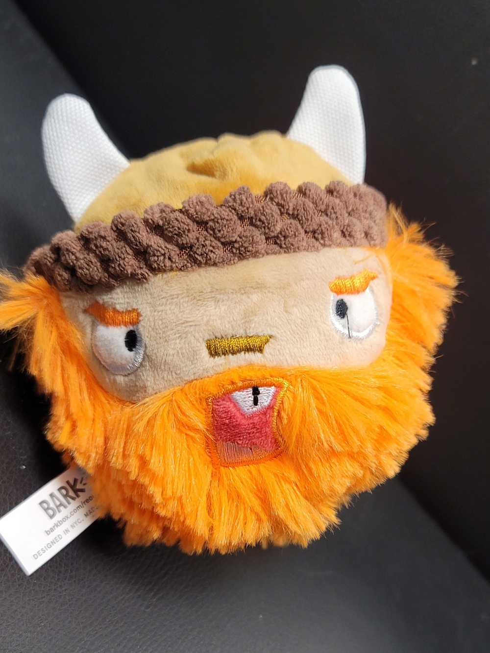 Bark Plush Viking Dog Toy - Orange with White Horns and Brown Headband